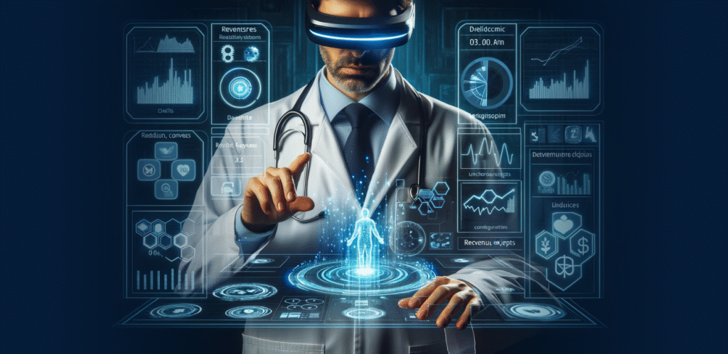 A doctor using virtual reality technology to interact with digital health data and holographic patient information