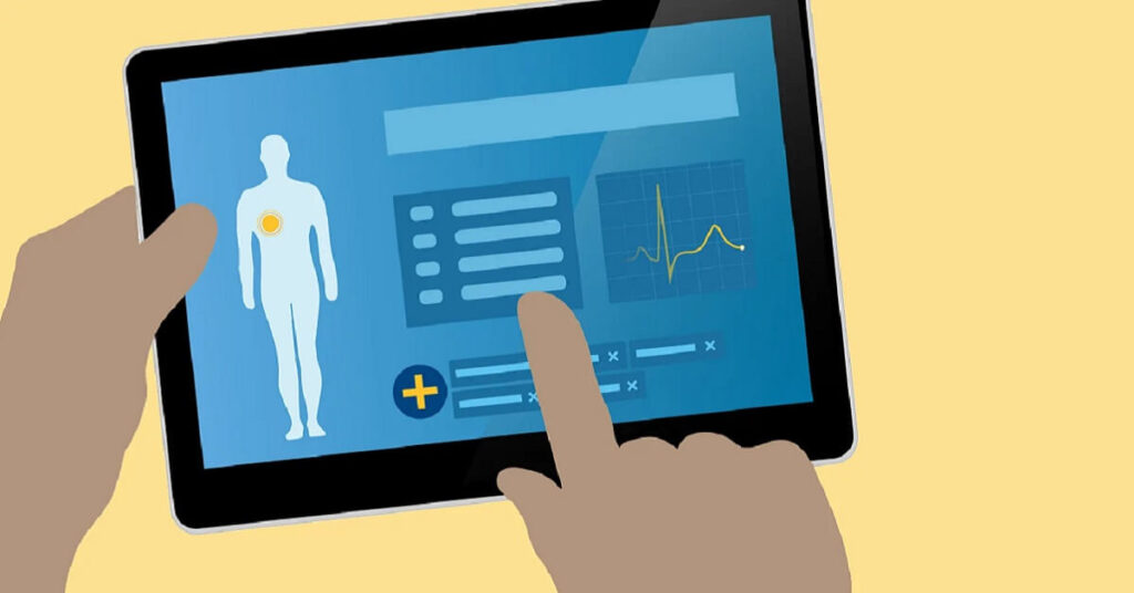 A person using a tablet to view medical data and health information