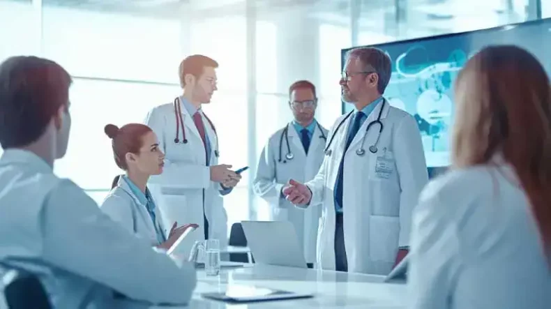 A group of doctors in a conference room discussing medical topics or innovations.