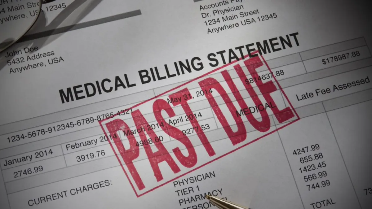 A past due medical billing statement with charges and late fees.