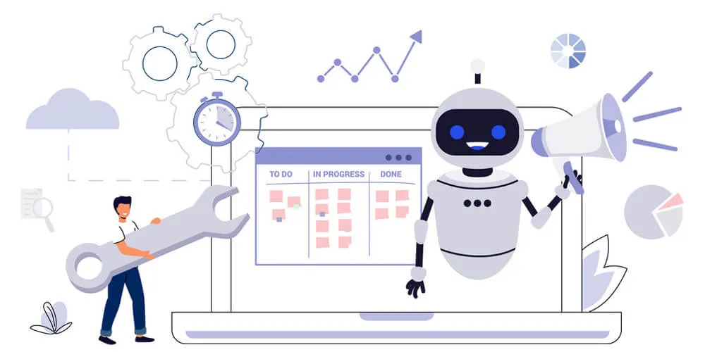 An illustration of a robot and a person working together, representing automation and task management in future of medical billing and coding