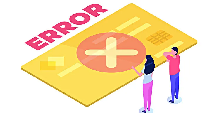 An illustration of two people looking at a medical billing card with a large ERROR message and a red cross symbol.