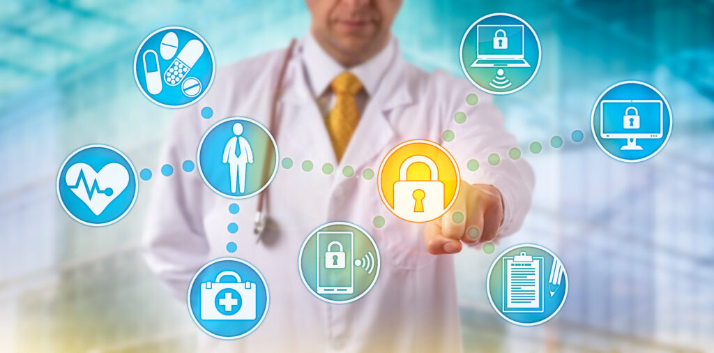 Healthcare cybersecurity concept with doctor and lock icons.