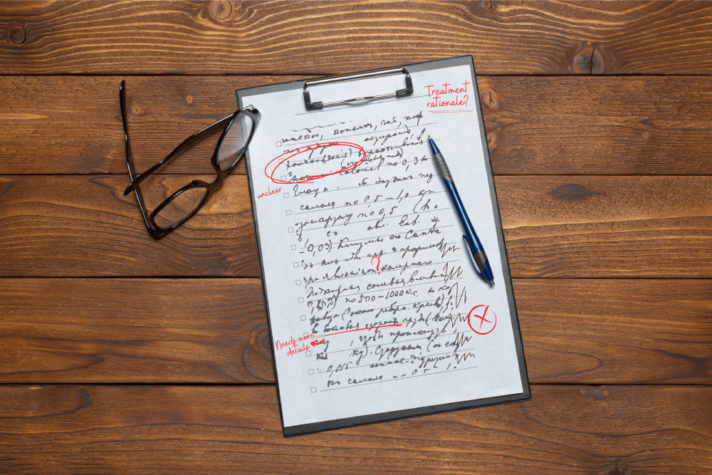 Messy handwritten medical notes on a clipboard marked with corrections and red annotations.