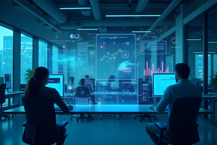Two people working in an office with holographic data displays, representing advanced technology and innovation.
