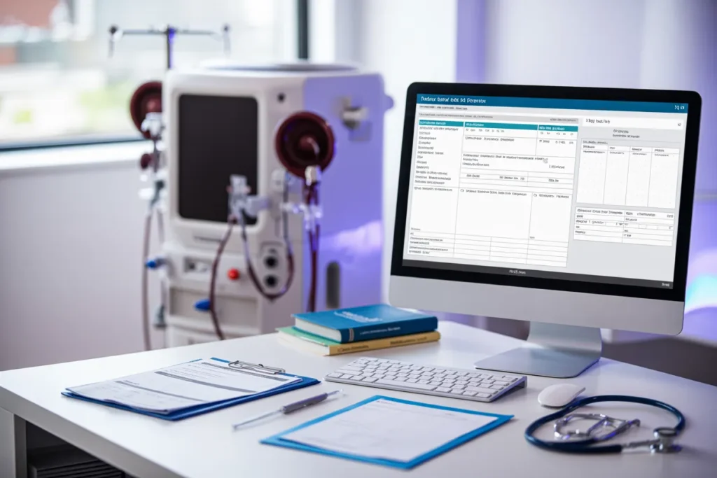 A desk with medical billing paperwork, a computer displaying a billing software interface, and a dialysis machine in the background.