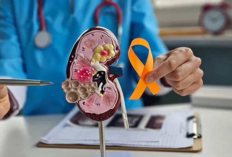 A doctor in blue scrubs smiling while typing on a laptop, with a stethoscope and notebook on the desk.