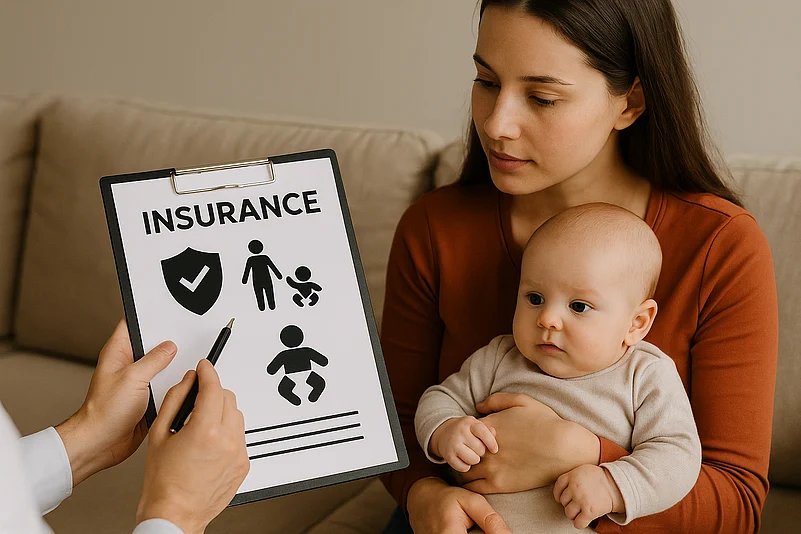 A person showing an insurance form to a mother holding her baby, with icons representing family coverage.