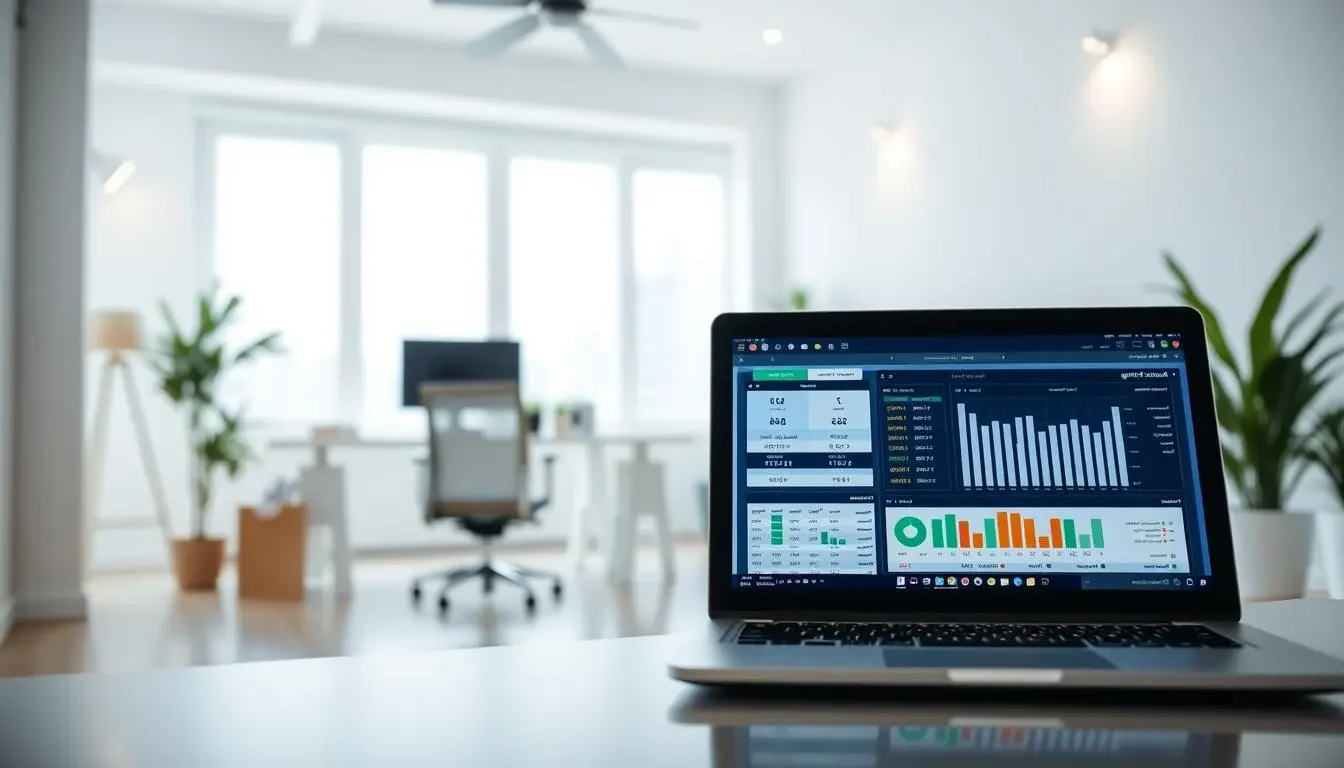 A laptop displaying a medical billing dashboard for accounts receivable services in a modern office setting.