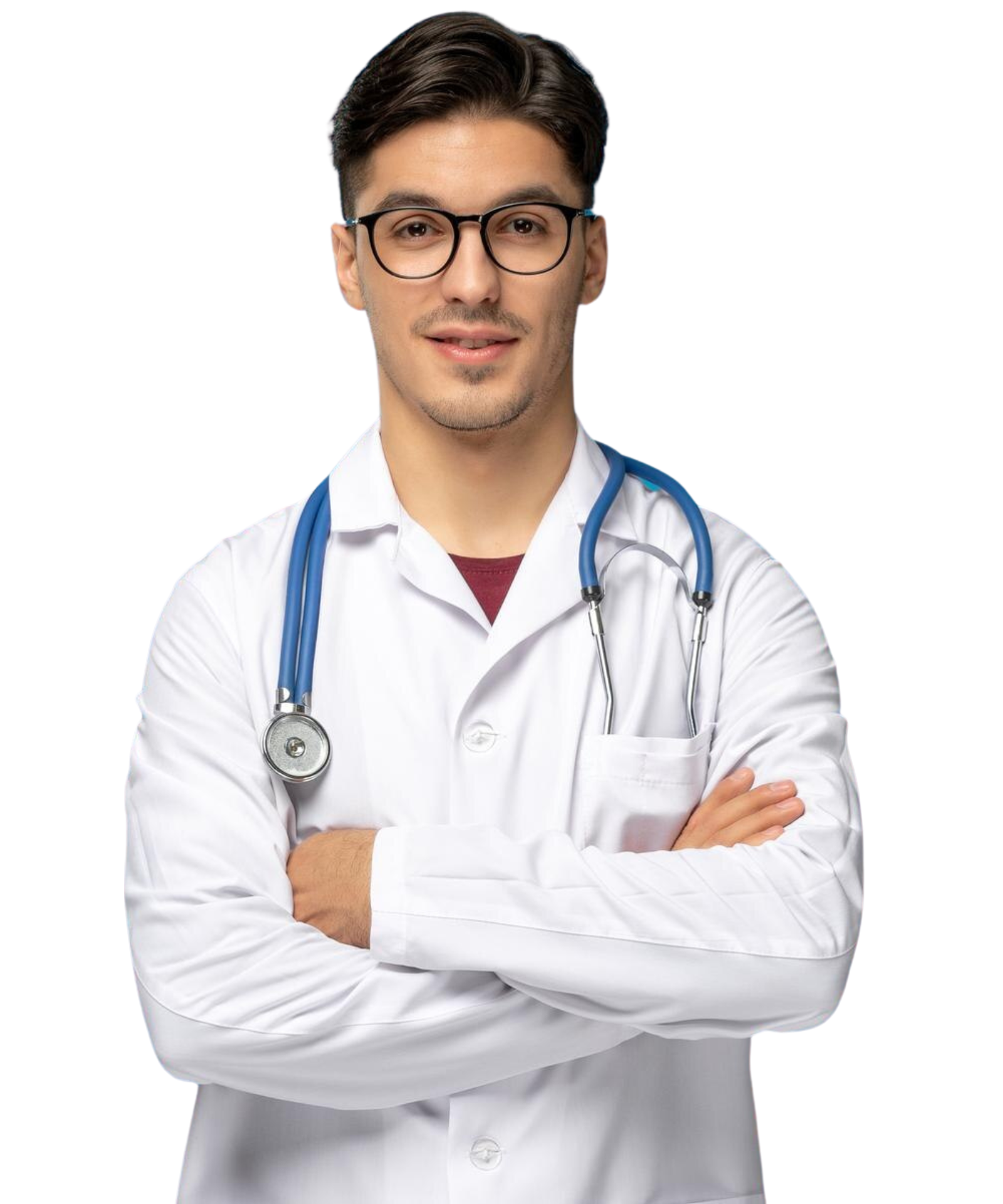 A young doctor standing with arms crossed, wearing a white coat and stethoscope.
