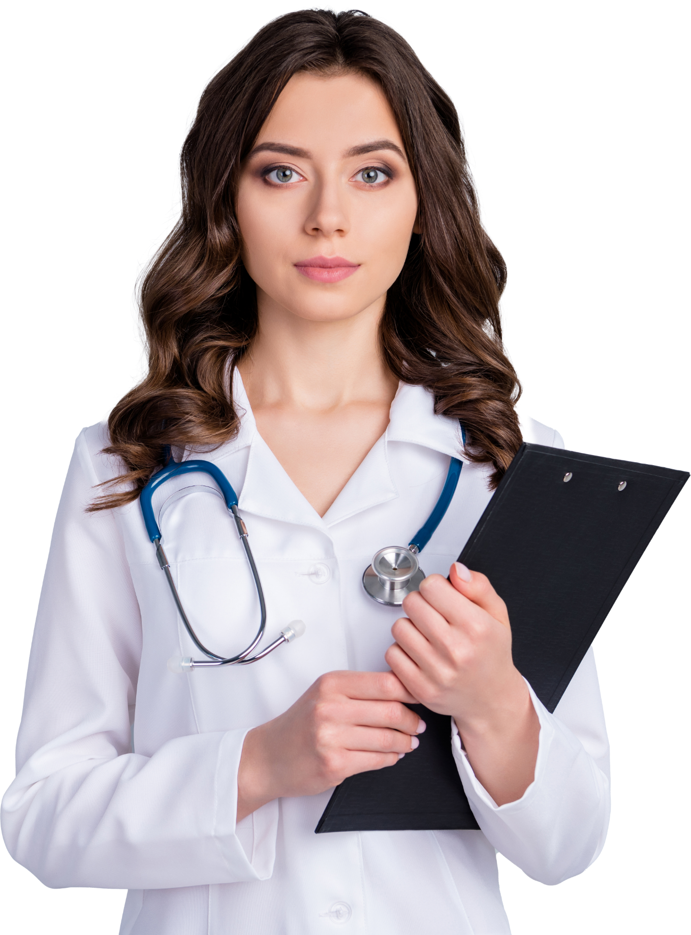 A female healthcare worker in a white coat with a stethoscope, holding a clipboard.