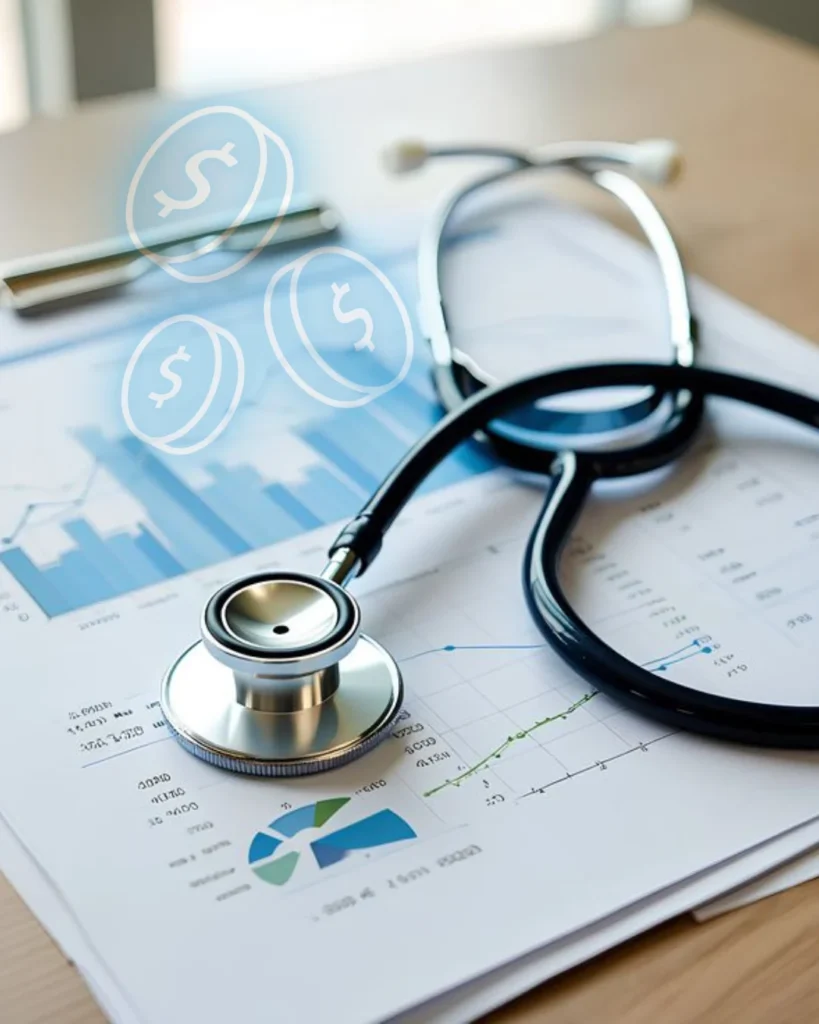 Close-up of a stethoscope on financial charts, with dollar symbols overlaid, symbolizing healthcare revenue and financial analysis.