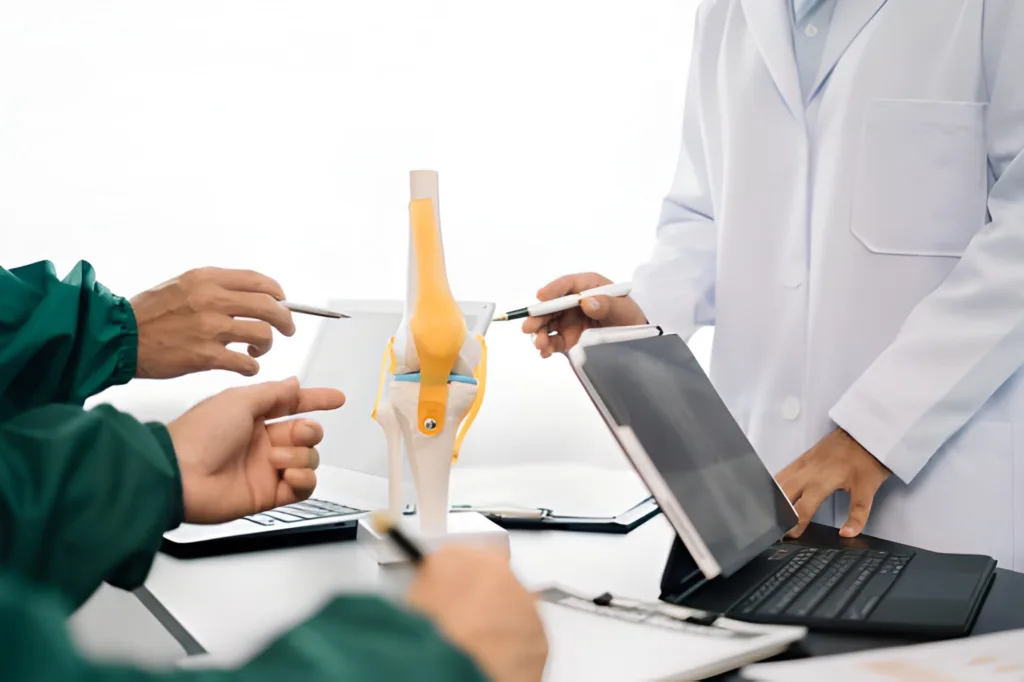 Medical professionals discussing a knee model while reviewing documents and using a tablet in a clinic setting.