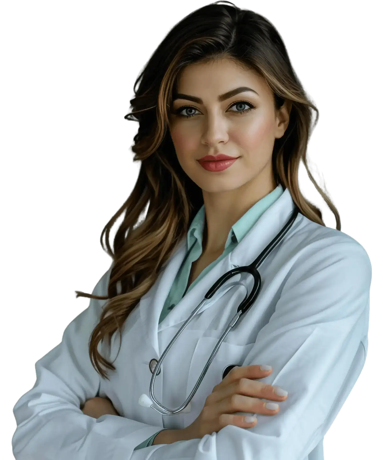 Portrait of a confident female doctor in a white coat with a stethoscope, standing with arms crossed.