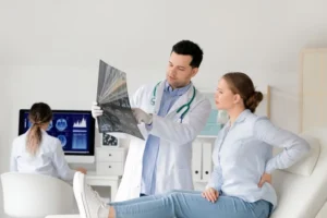 a neurologist discussing x ray report with patient, while another neurologist is working on pc