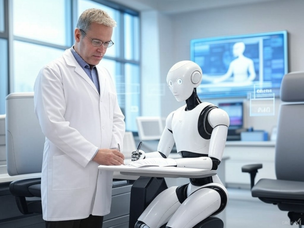 A doctor and a humanoid robot working together in a medical office, with the doctor writing on a document while the robot observes. 