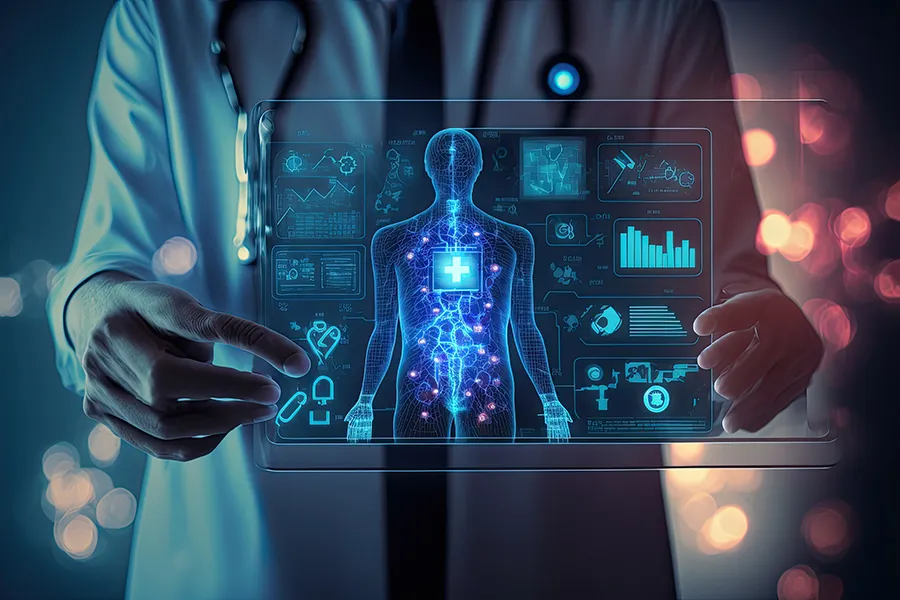 A doctor interacting with a futuristic holographic display of a human body, showcasing health data and medical information.