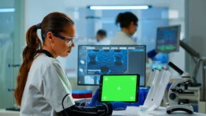 A lab technician holding a tablet with a green screen in a laboratory setting.