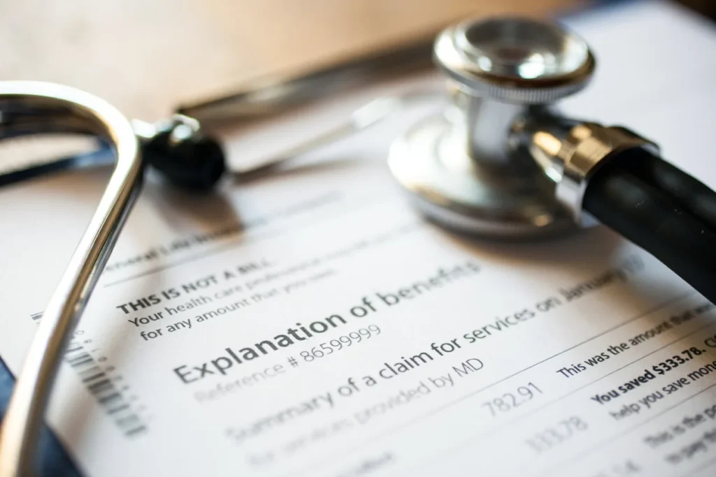 Close-up of a stethoscope and an Explanation of Benefits document, highlighting key details like 'This is not a bill' and the amount saved.