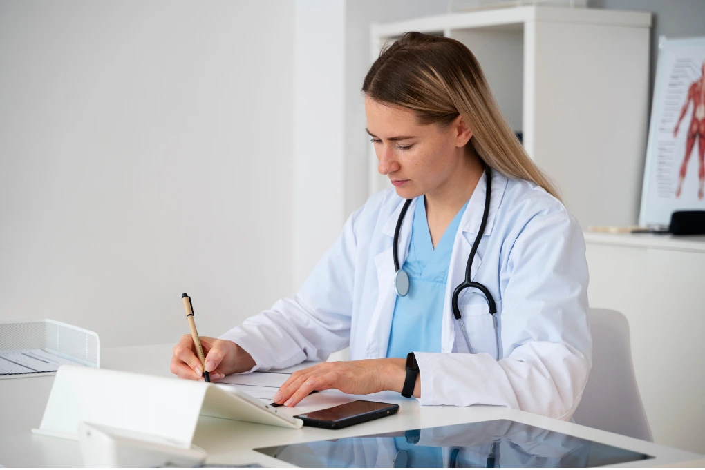Doctor in a lab coat writing notes on a clipboard.