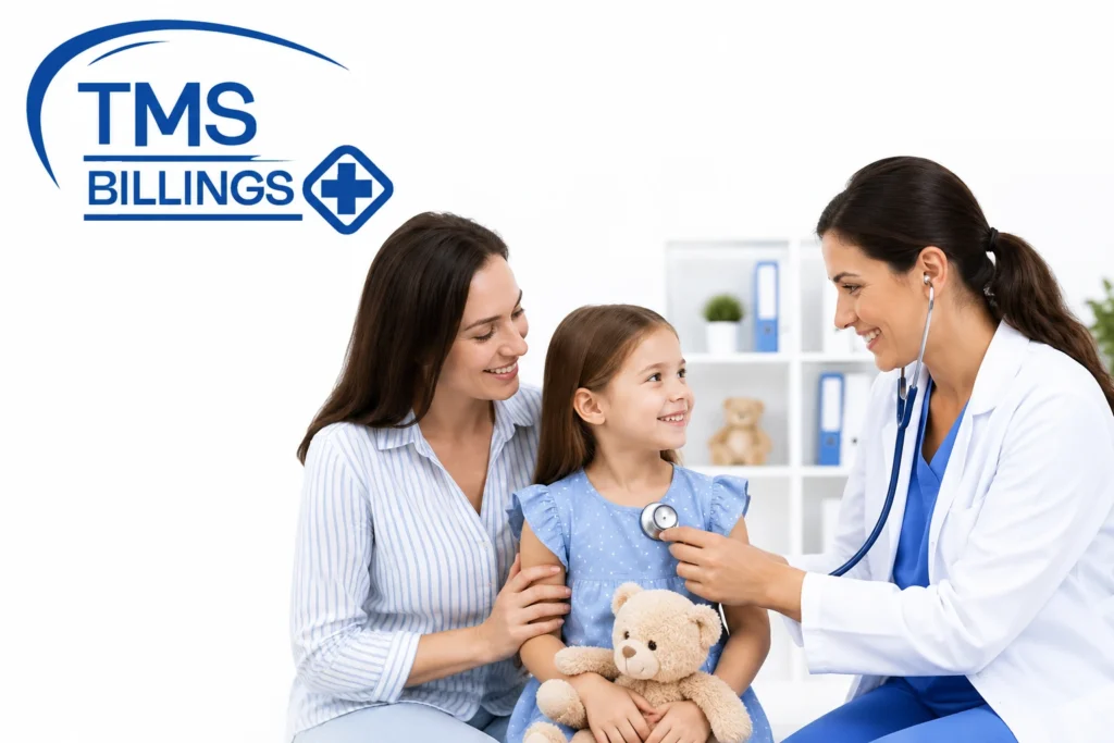 Pediatrician examining a child during a clinic visit while TMS Billings provides medical billing services for pediatric practices across the United States