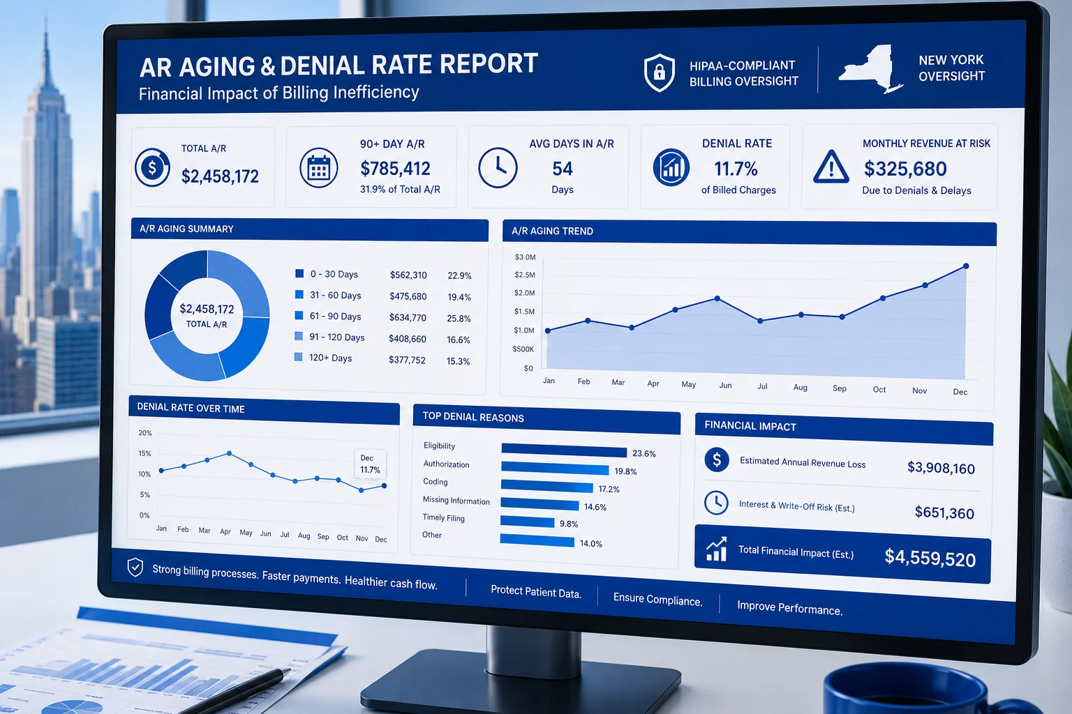 Medical billing compliance New York — accounts receivable aging report displayed on screen