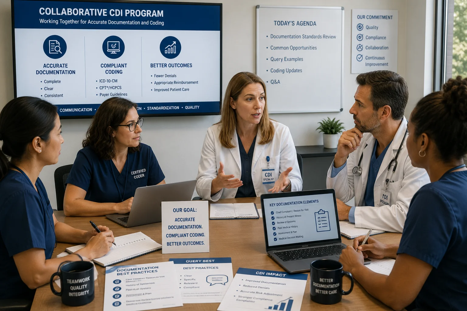 CDI clinical documentation improvement — coding team reviewing records with clinical staff