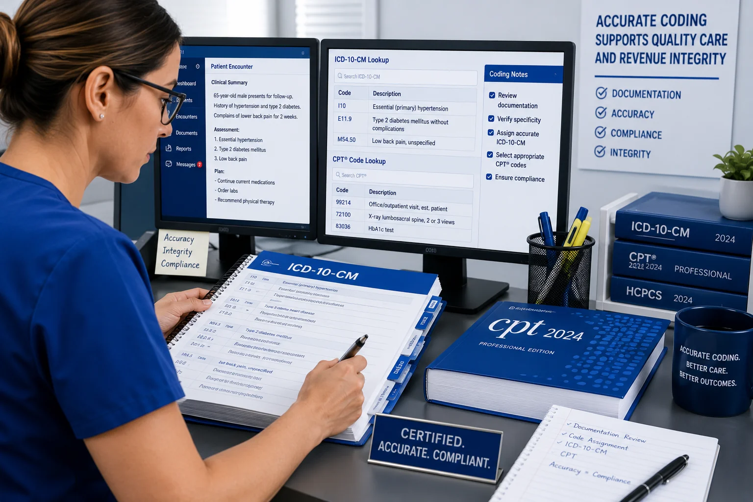 Medical coding accuracy documentation — certified coder assigning ICD-10 codes