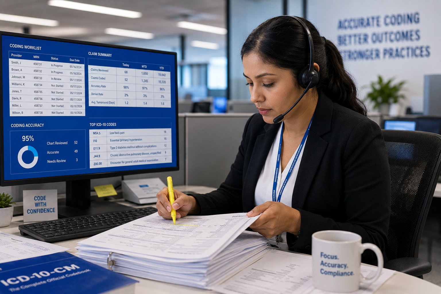 certified internal medicine medical coder reviewing complex clinical chart with specialty-specific billing expertise