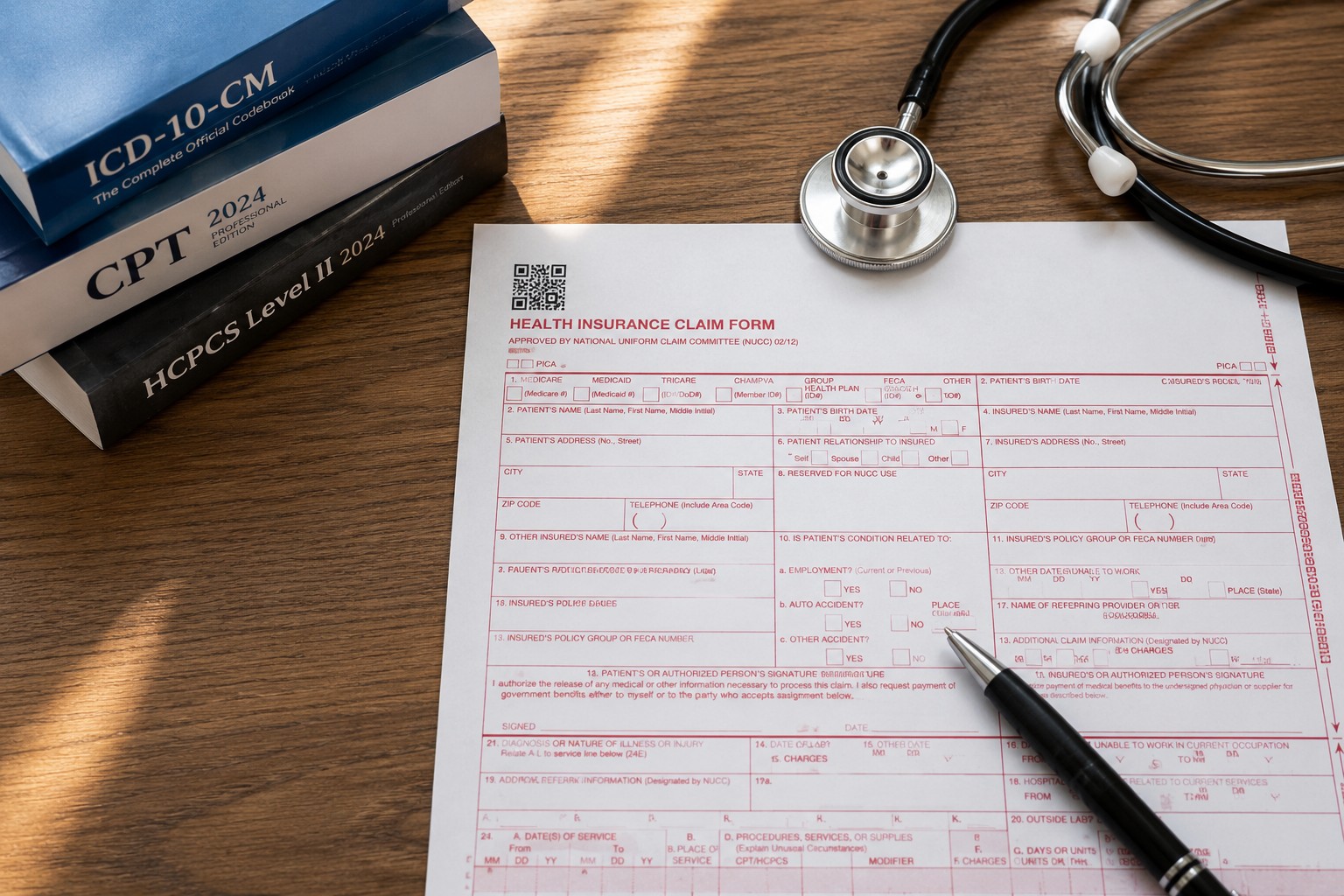 A completed CMS-1500 claim form representing CPT codes for urgent care visits and insurance billing documentation