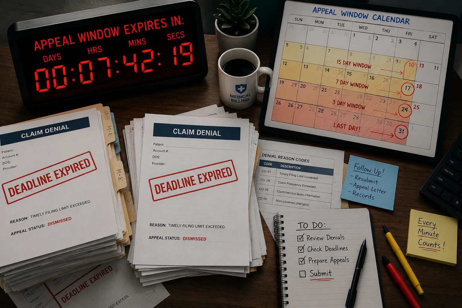 Stack of denied medical claims with expired appeal deadlines beside a countdown timer, illustrating how shrinking payer appeal windows are costing practices recoverable revenue in 2026.