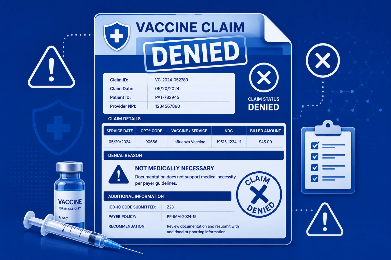 Denied vaccine claim example due to NDC mismatch