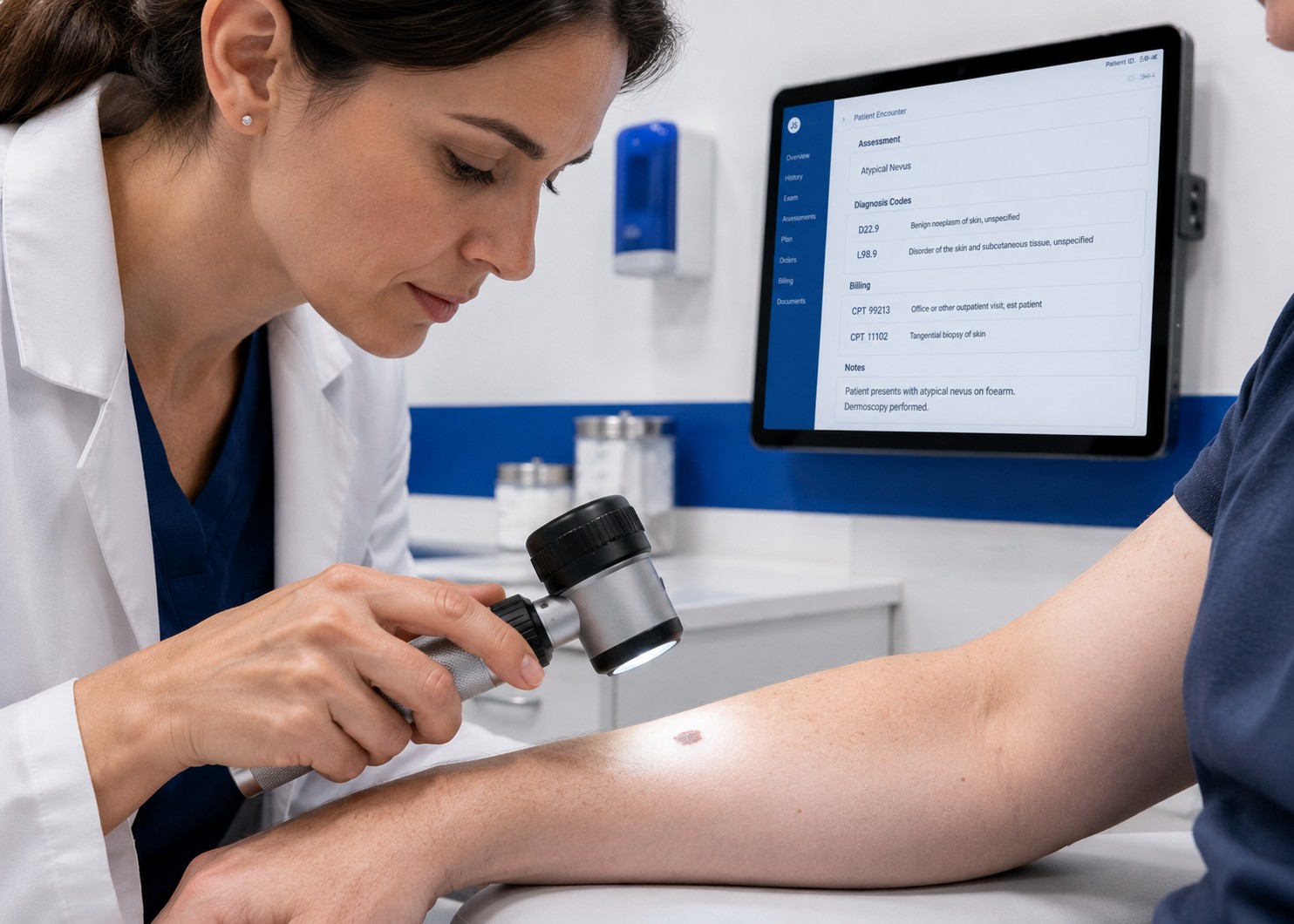 Dermatologist examining a skin lesion during a procedure that requires accurate CPT coding and medical necessity documentation 