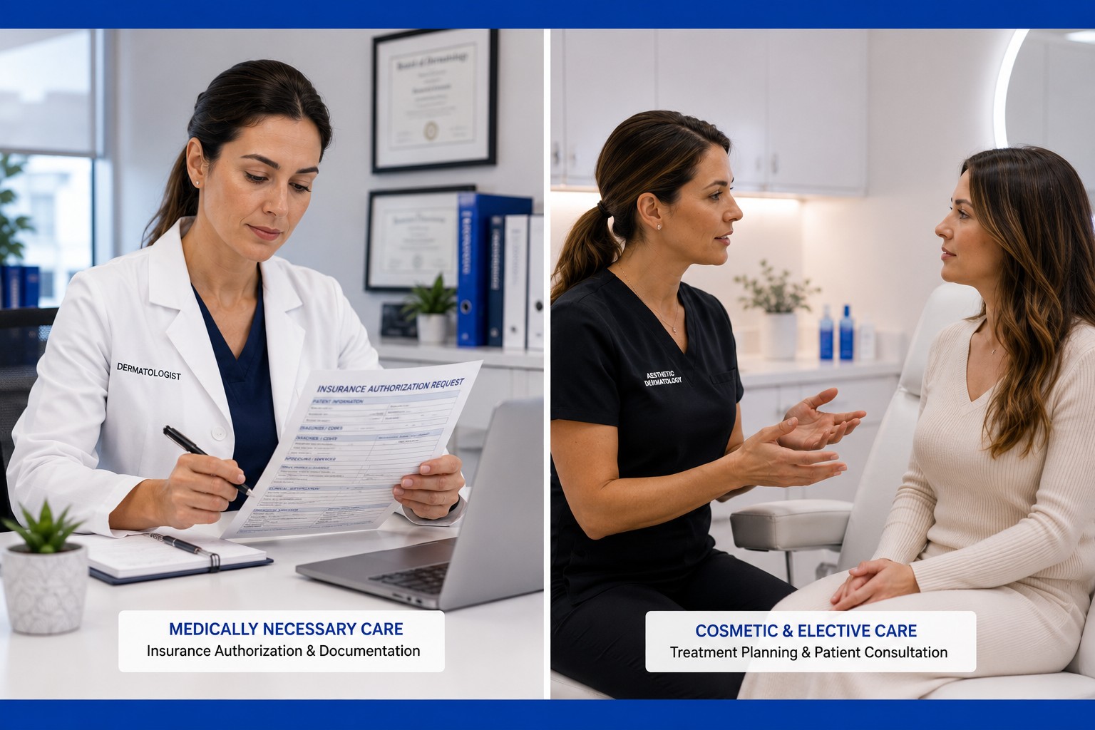 Side-by-side comparison of medical necessity billing documentation versus cosmetic dermatology procedure consultation