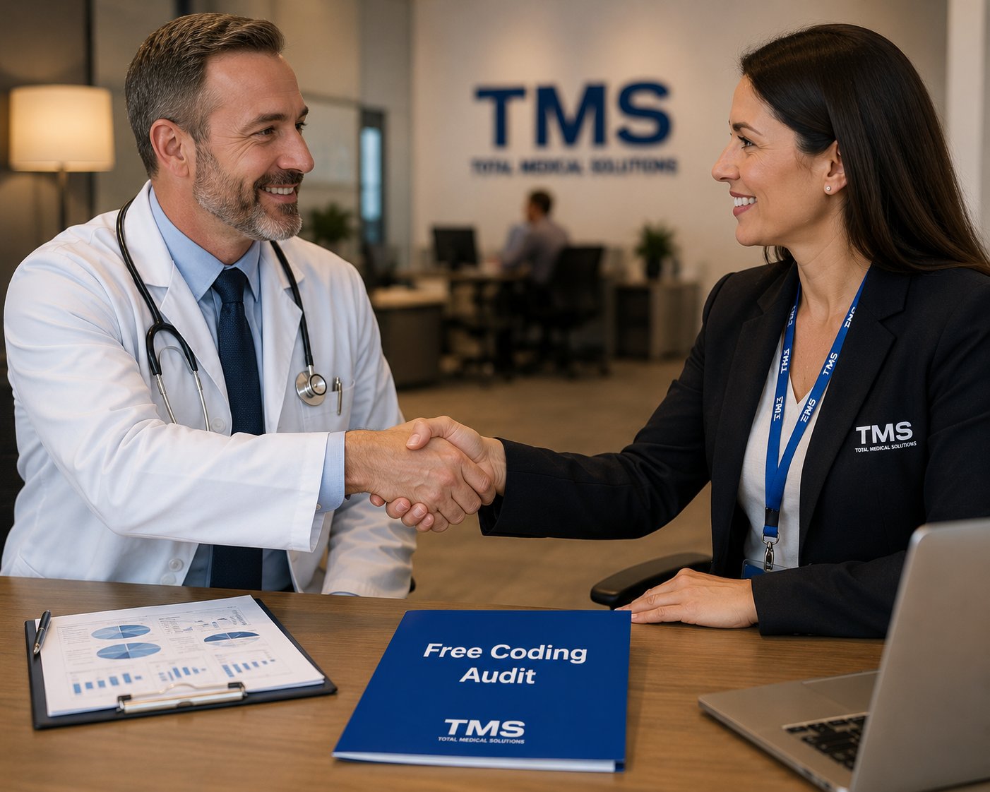physician and TMS billing consultant handshake representing  E/M coding for internal medicine audit partnership and revenue support