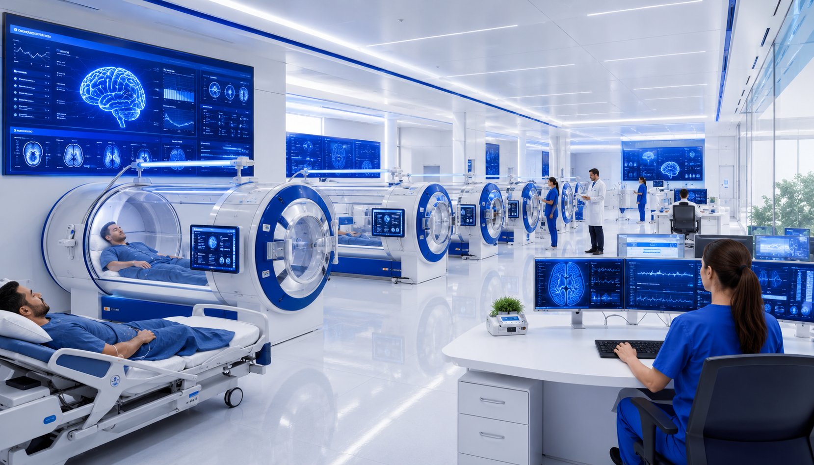 Hyperbaric oxygen therapy chamber facility used in TBI brain injury rehabilitation programs