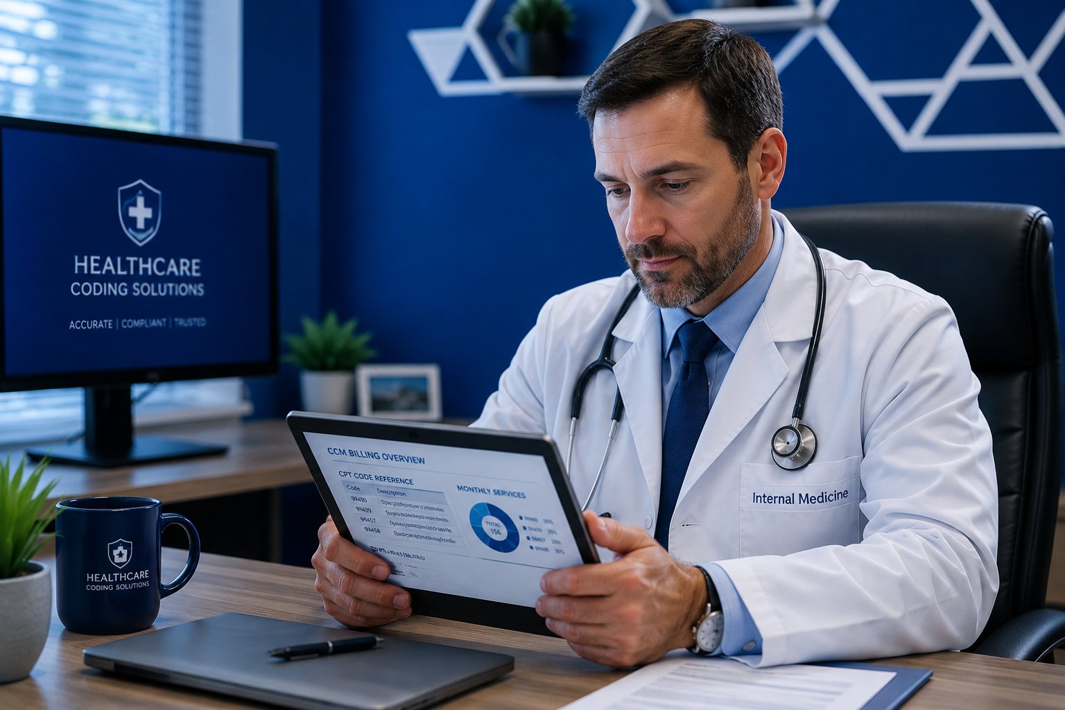 internal medicine physician reviewing E/M billing codes on digital tablet in professional medical office