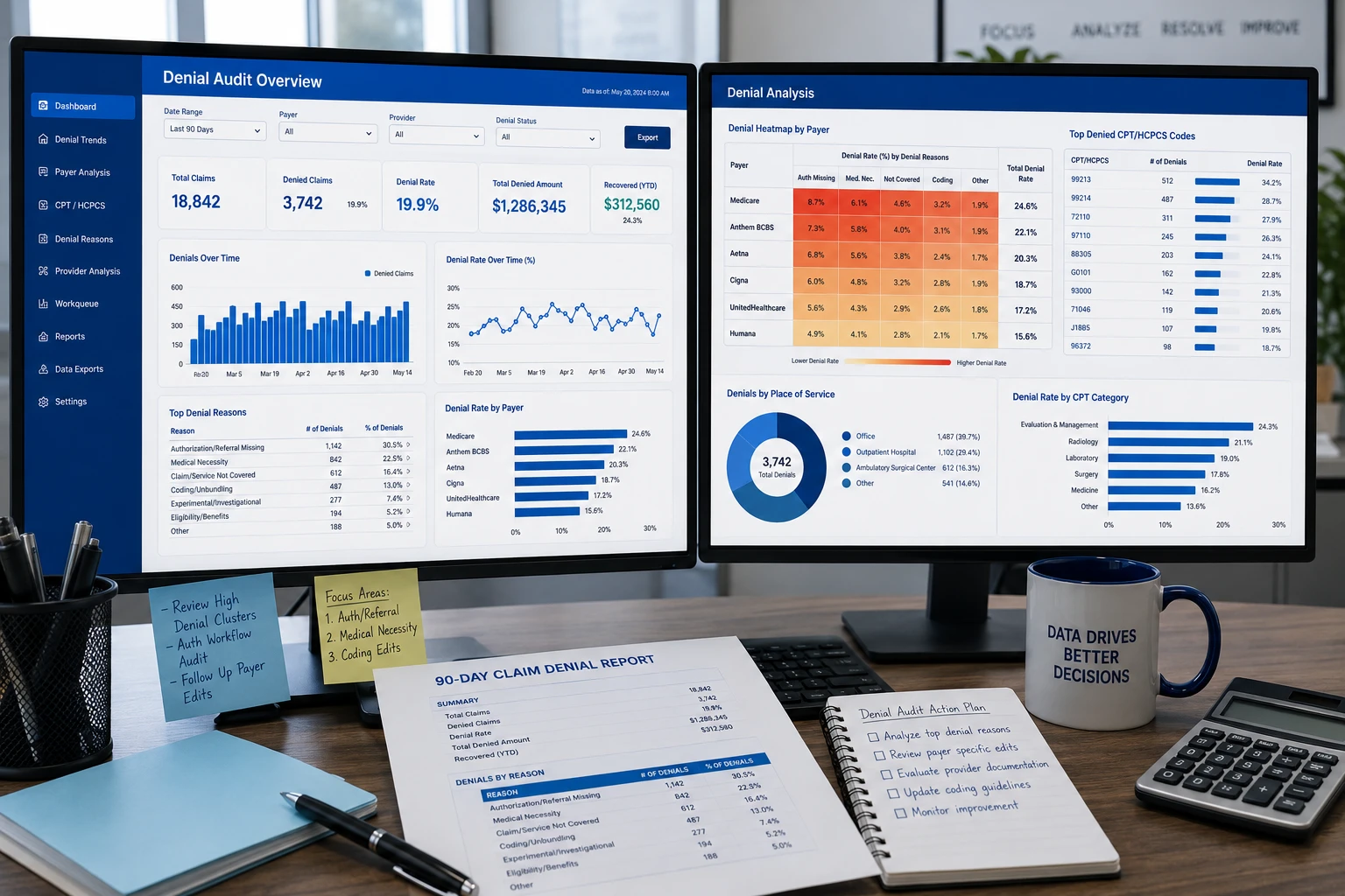  Medical billing specialist conducting a 90-day prior authorization denial audit, reviewing denial patterns by payer and CPT code on a revenue cycle dashboard to identify AI-driven claim rejections.