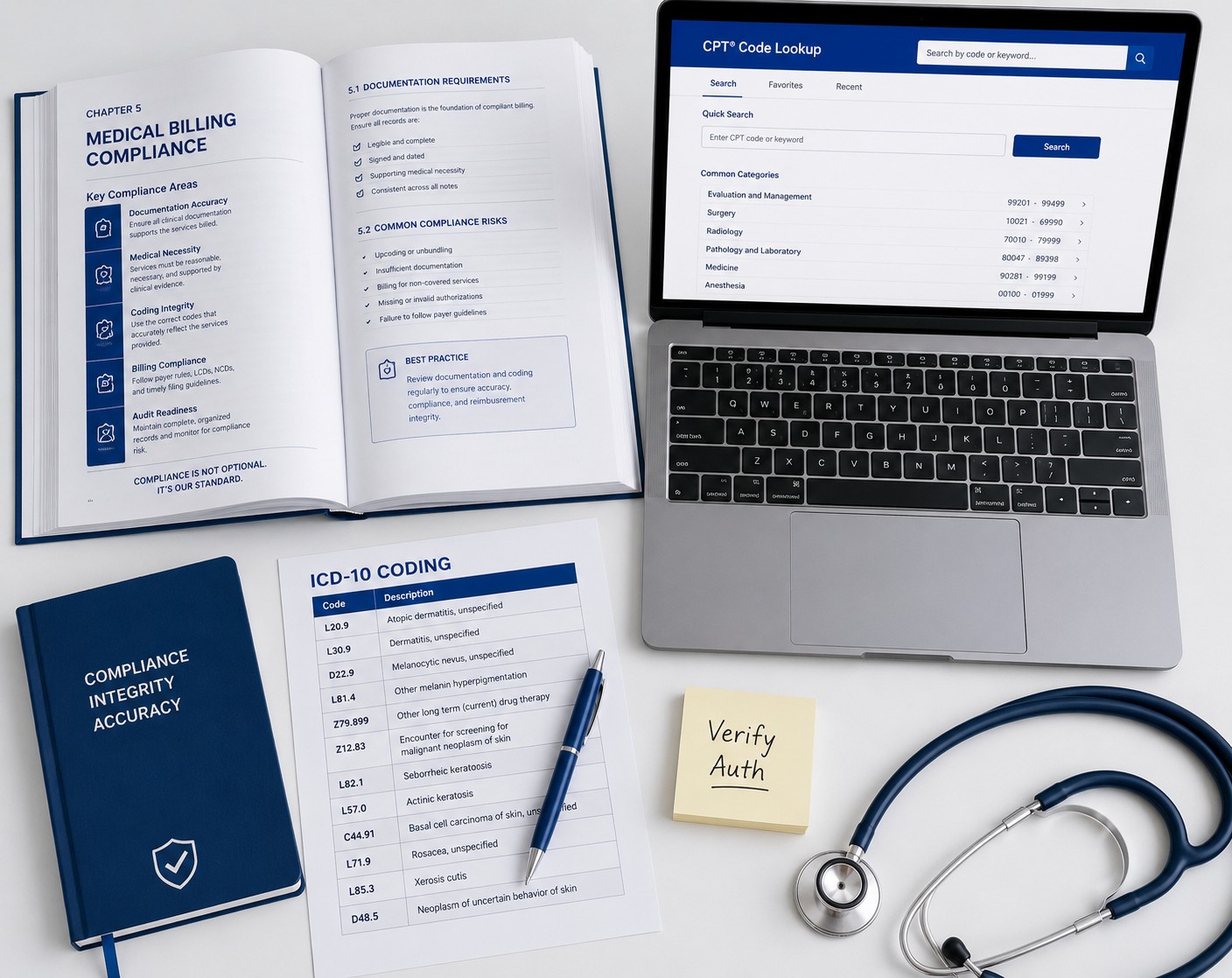 Dermatology practice manager's desk with CPT coding resources, compliance manual, and billing workflow tools for reducing claim denials