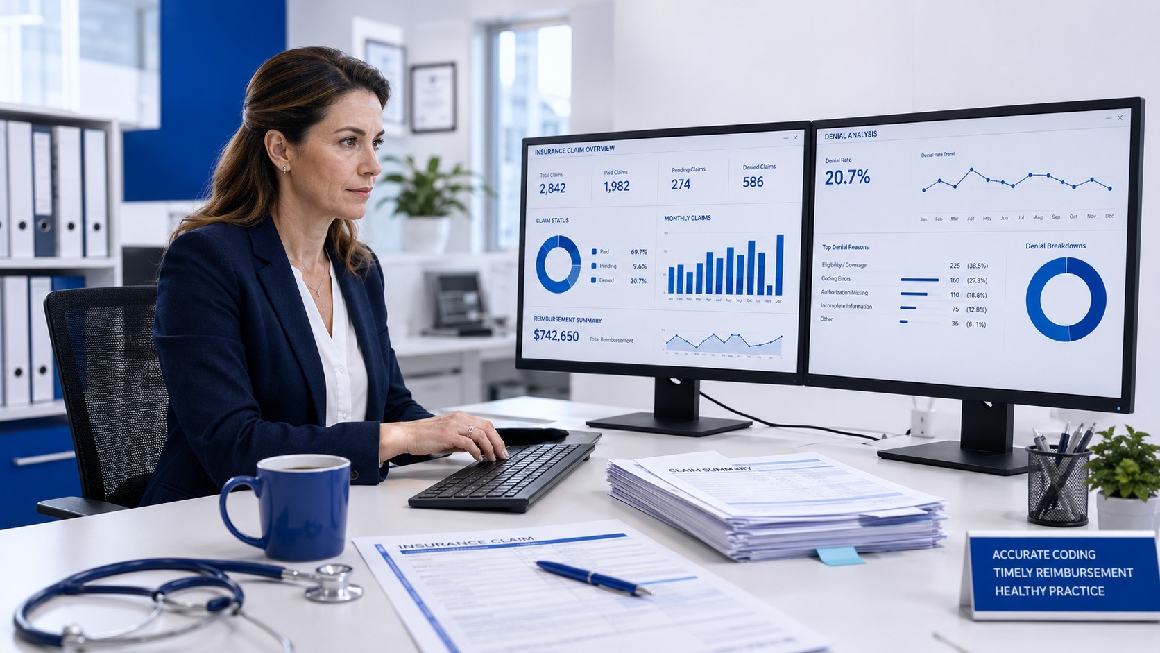 Dermatology billing specialist reviewing insurance claim denials on dual monitors in a professional medical office