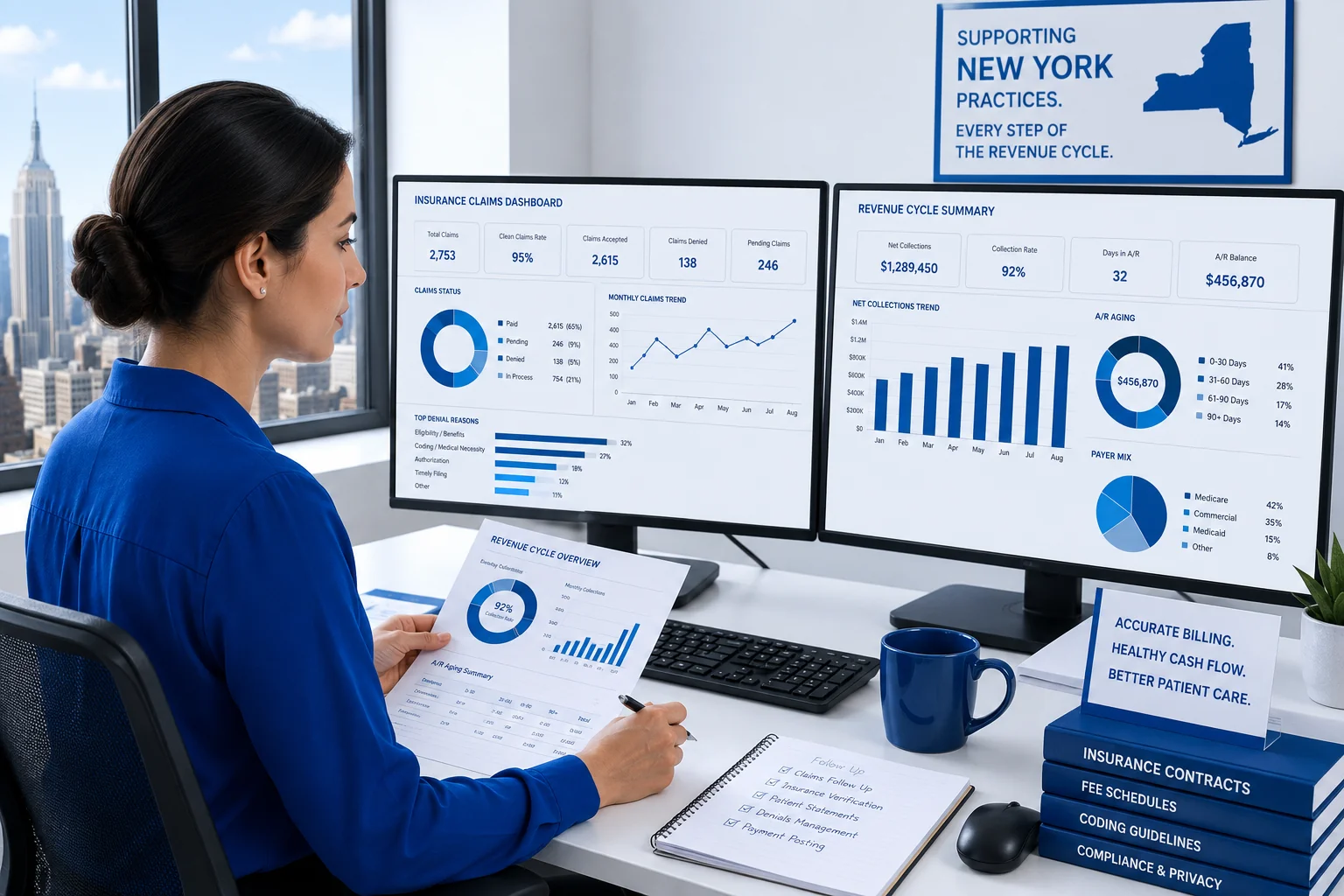 Medical billing company New York specialist reviewing claim submissions on a computer