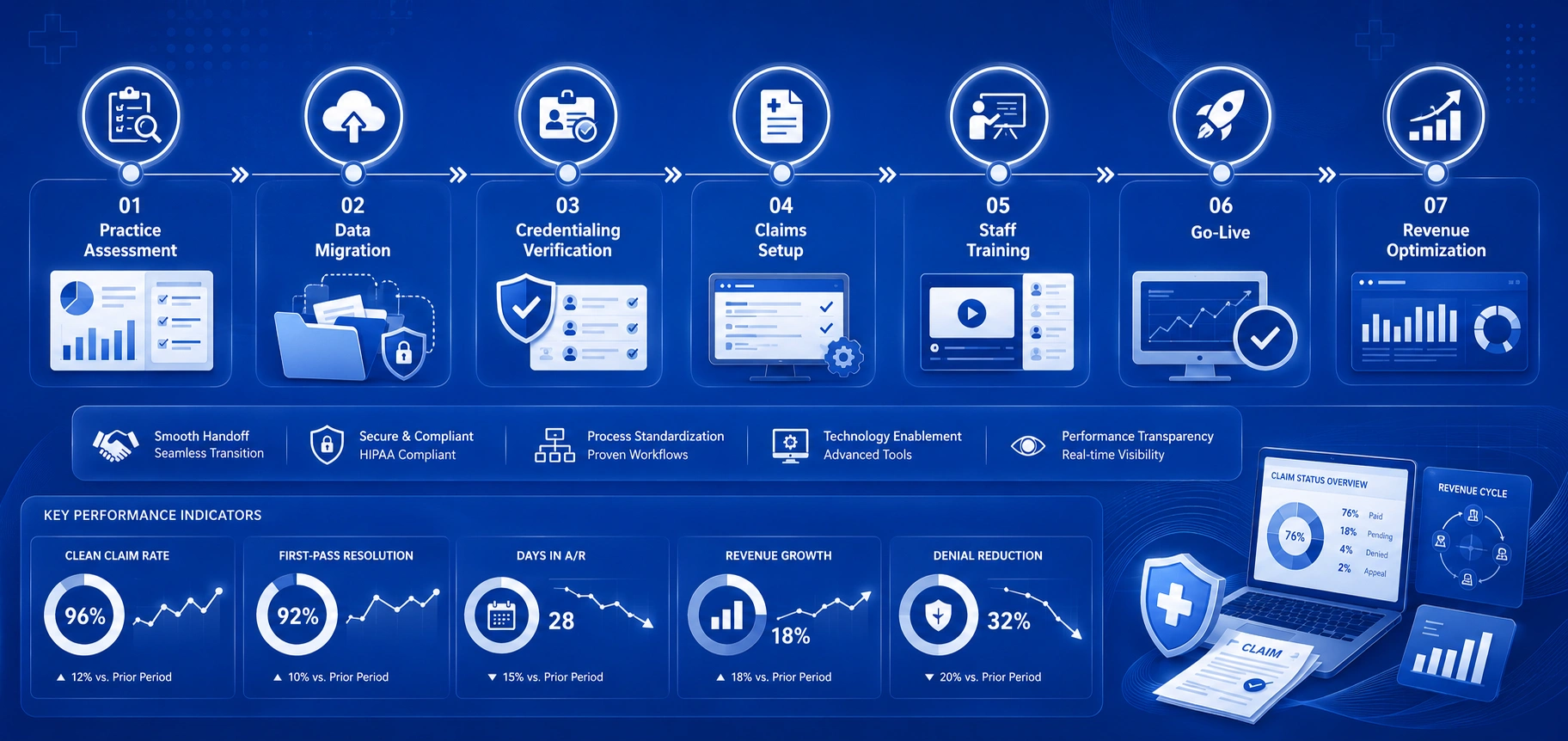 Switch billing providers transition checklist workflow — white and blue RCM dashboard