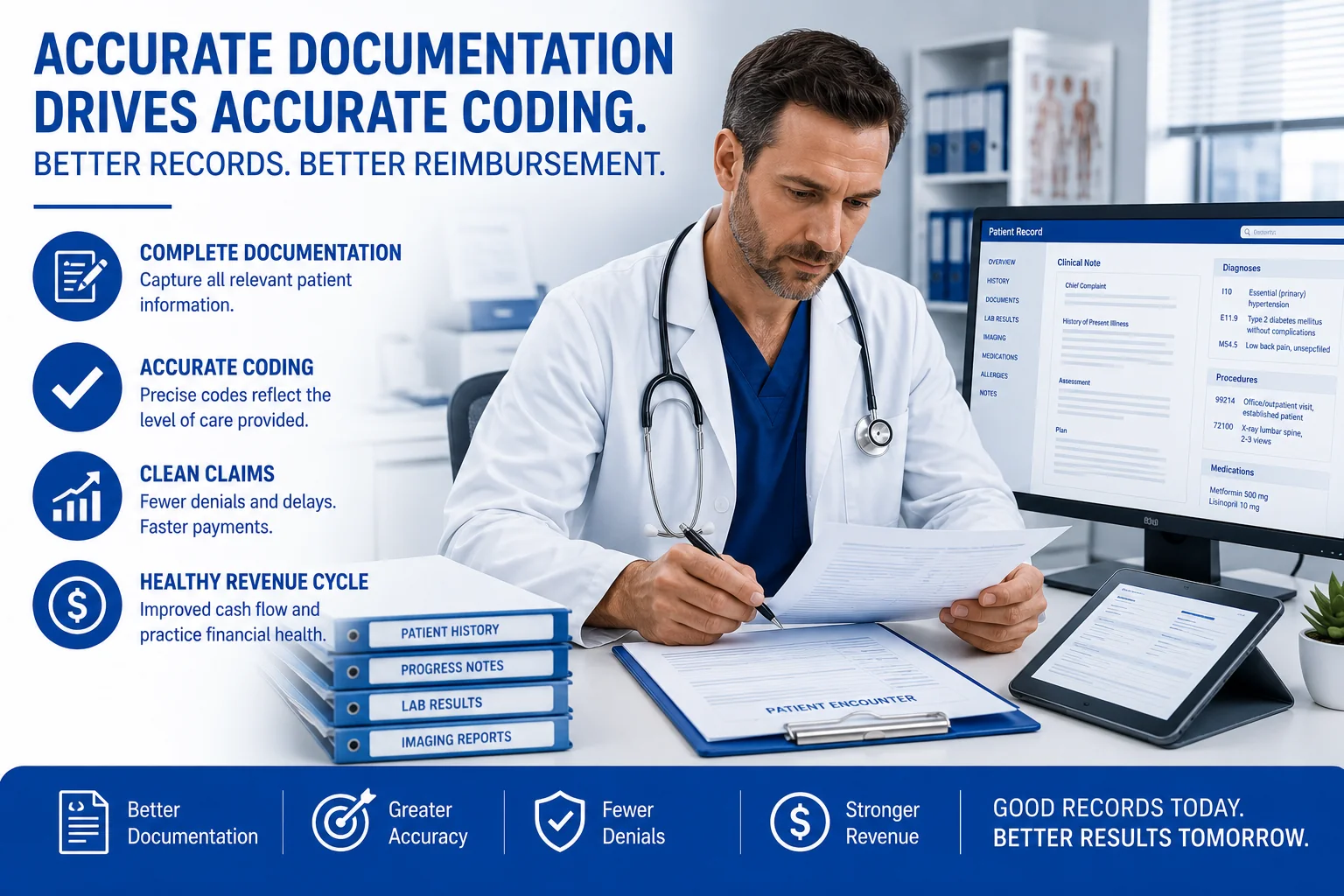 Clinical documentation errors medical coding — physician reviewing patient records at desk