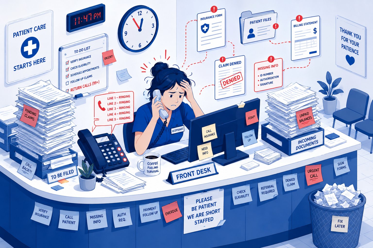 Overwhelmed medical staff managing healthcare administrative tasks without virtual healthcare support