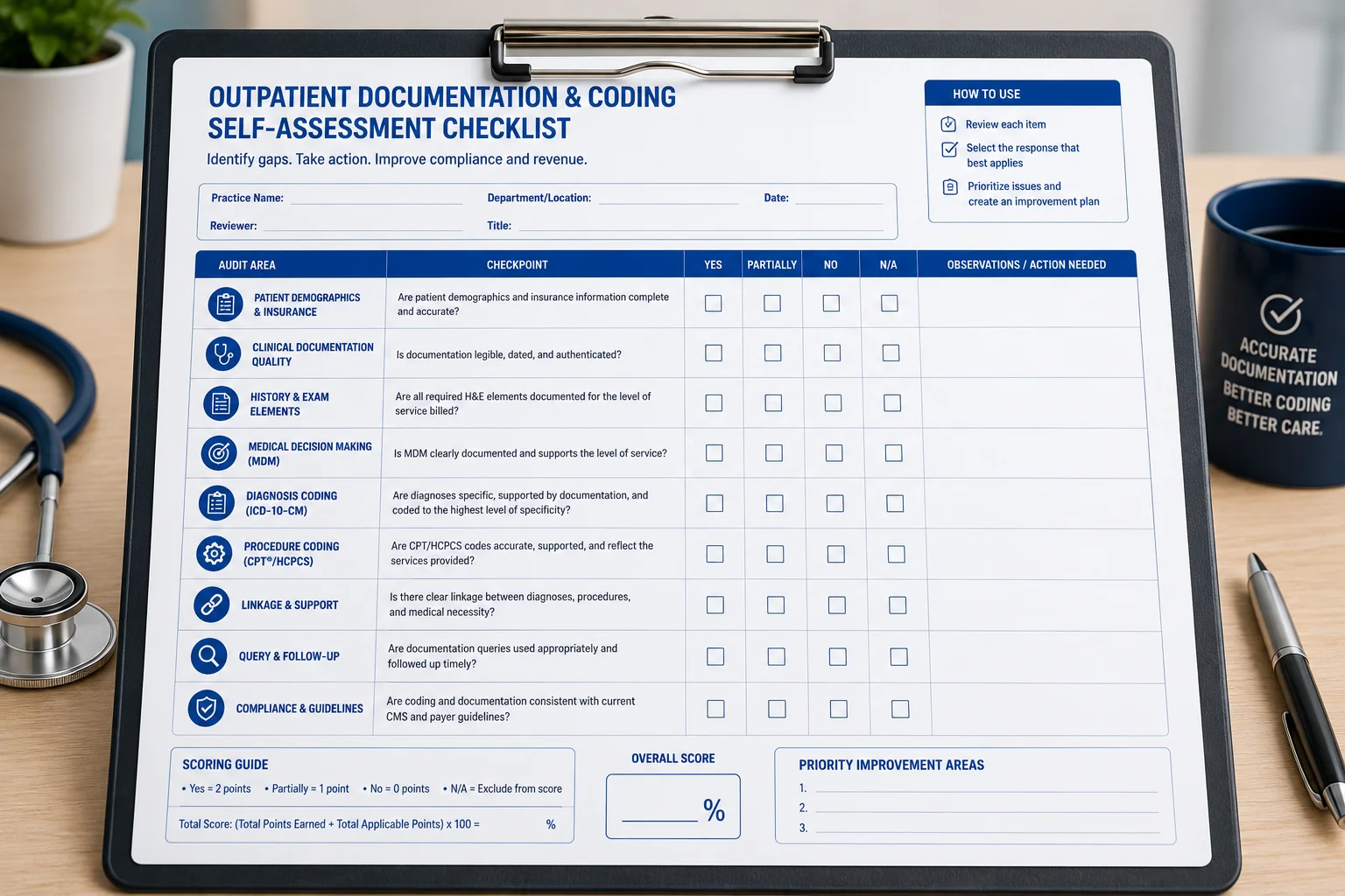 Clinical documentation improvement medical coding — practice documentation audit checklist