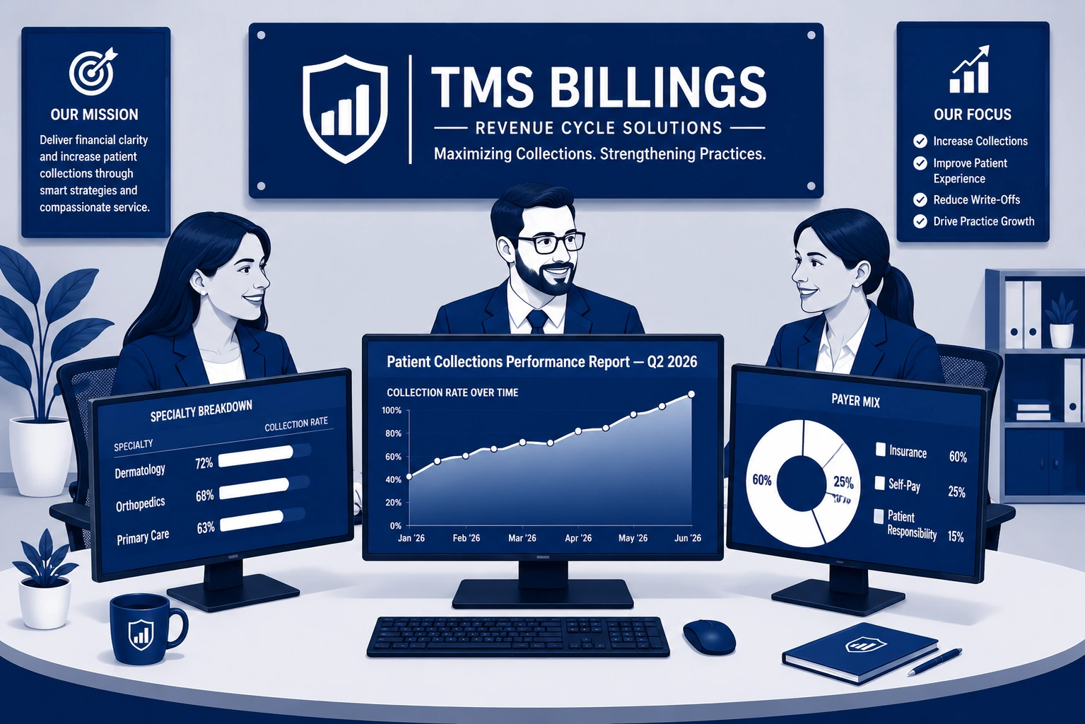 TMS Billings revenue cycle team reviewing patient collections reports
