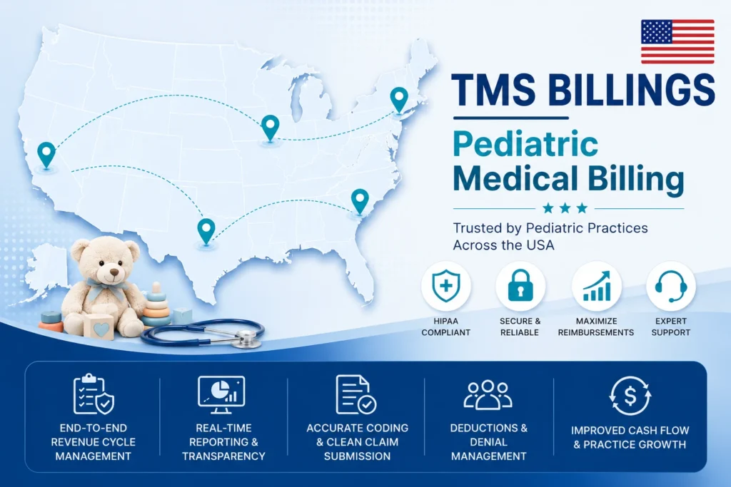 Pediatric medical billing services infographic showing nationwide billing support, insurance claim management, coding accuracy, reimbursement optimization, and practice growth solutions across the United States.