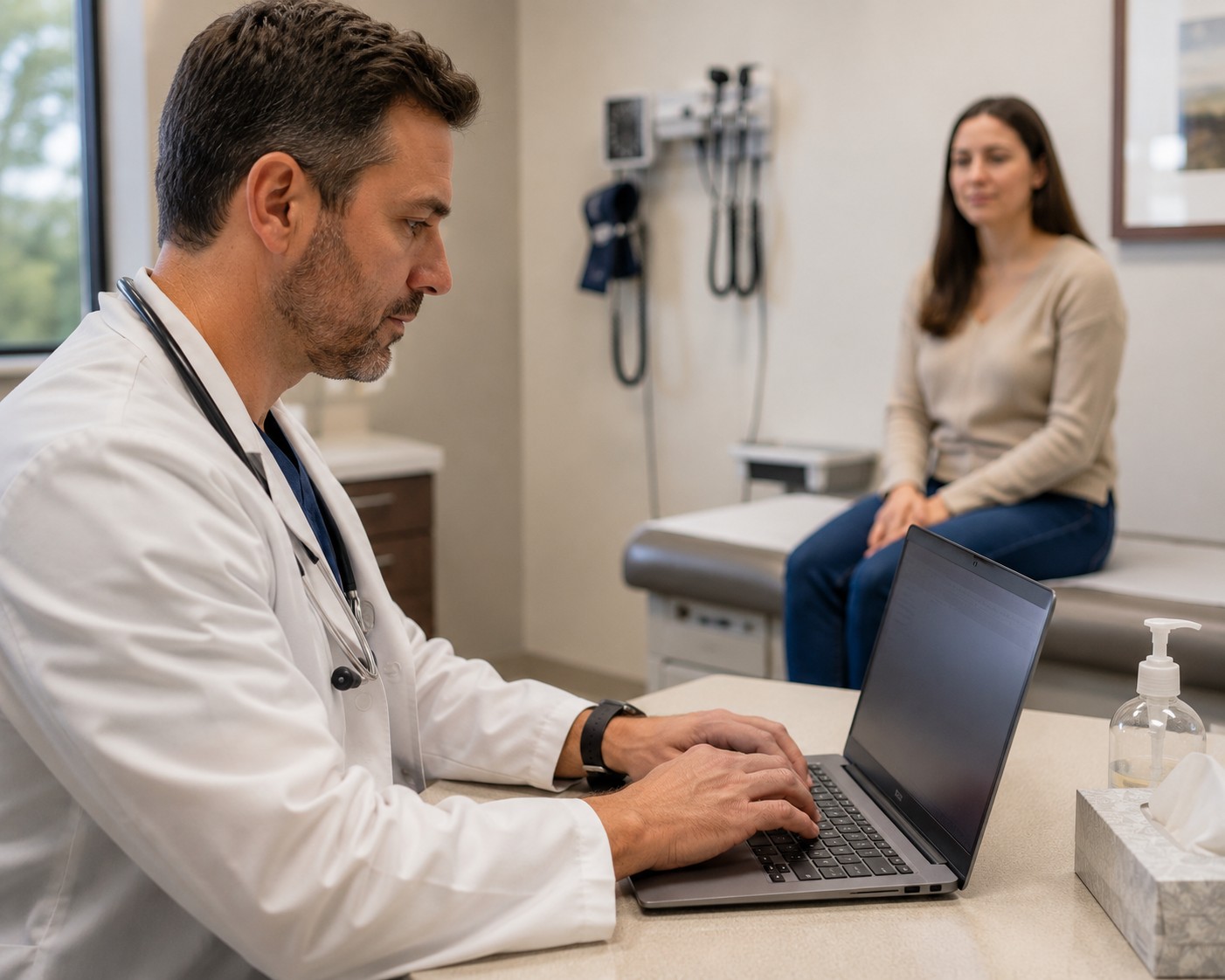 Physician documenting a new patient evaluation to support urgent care E&M codes 99202 through 99205 in an EHR system