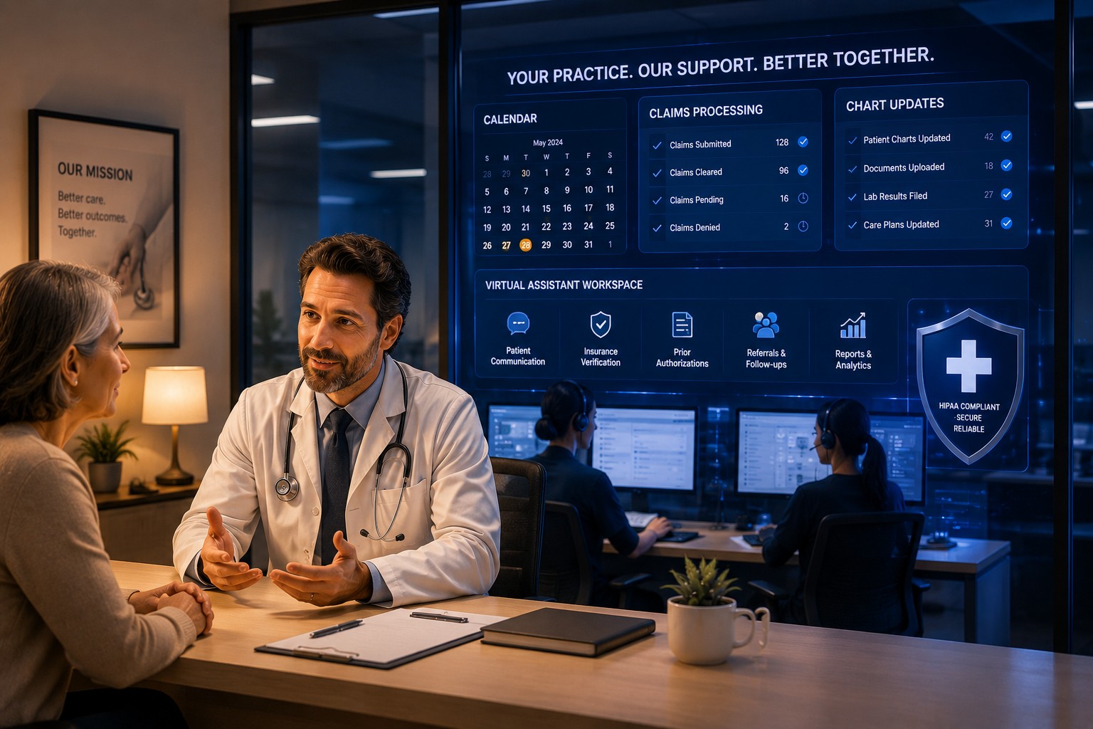 Medical practice efficiency with virtual healthcare support – physician focused on patient care with remote medical assistant handling admin tasks
