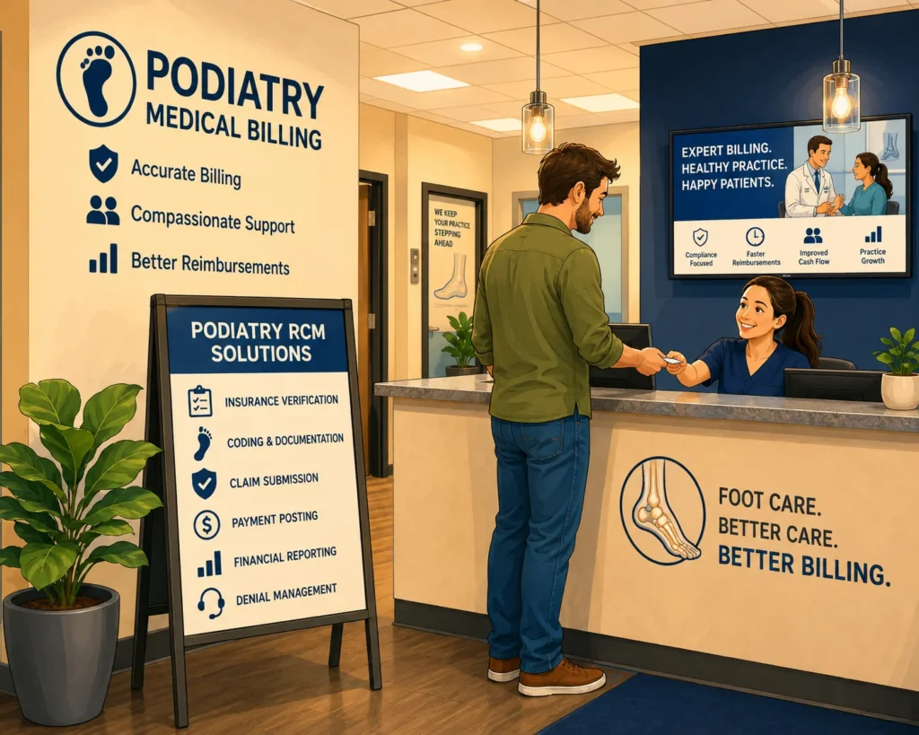 Podiatry Medical Billing Services illustration showing patient check-in and revenue cycle management support for podiatry practices